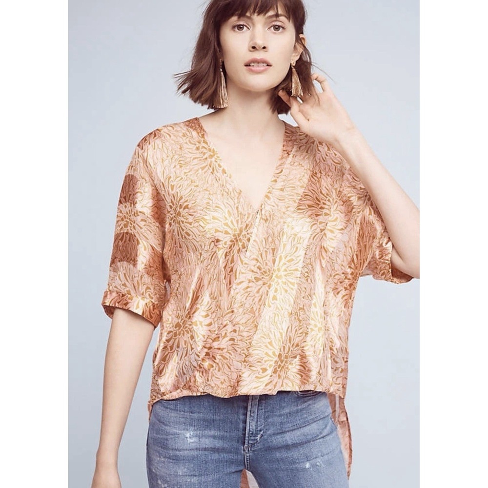 Floreat Anthropologie Silk Top Womens XS Boho Coral Airy  Oversized SMALL‎ HOLE